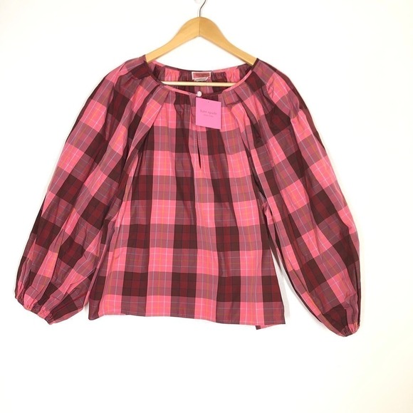 Kate Spade Greenhouse Plaid Top Long Sleeve Pink Red NWT Size Large - Picture 6 of 13